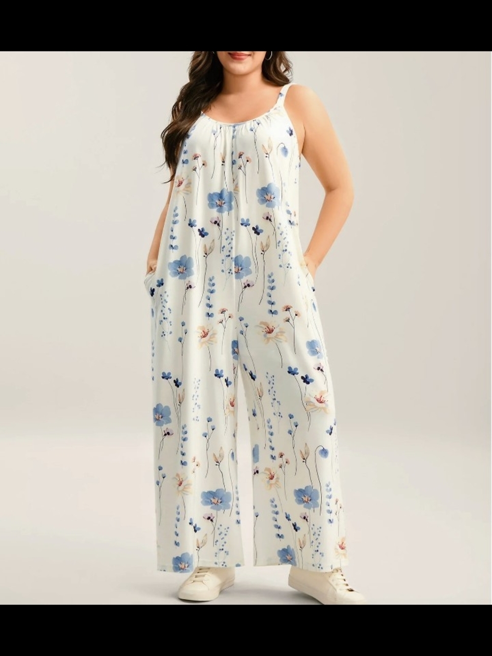 Bloomchic Floral Wide-Leg Sleeveless Jumpsuit in Cream and Blue
